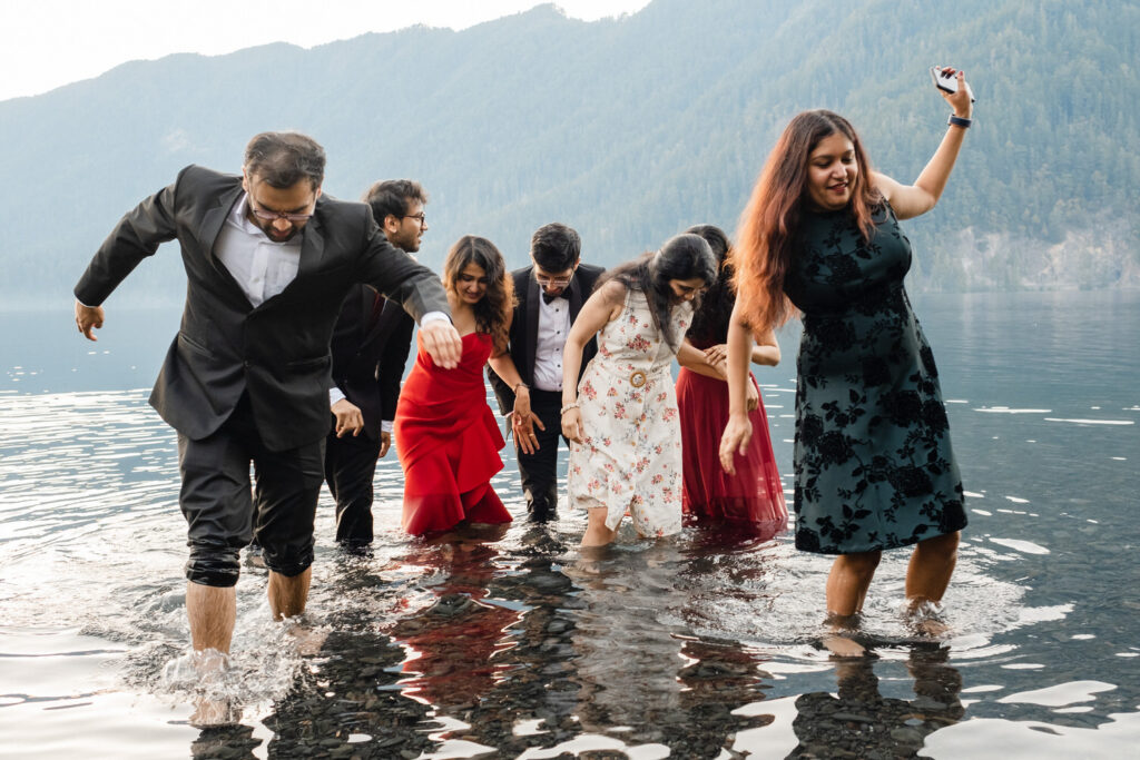 Bridal party tries to get out of the lake