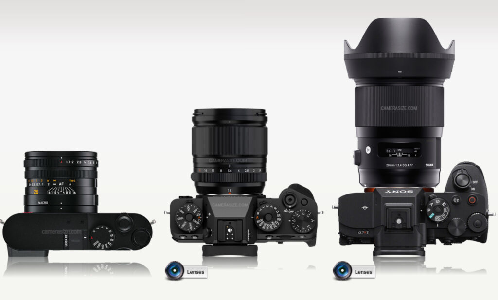 Why I Switched from Fujifilm to Leica for my Documentary Wedding Photography Business 4 A size comparison of the Leica q2 withe the Fuji X-T5 and Sony A7RV