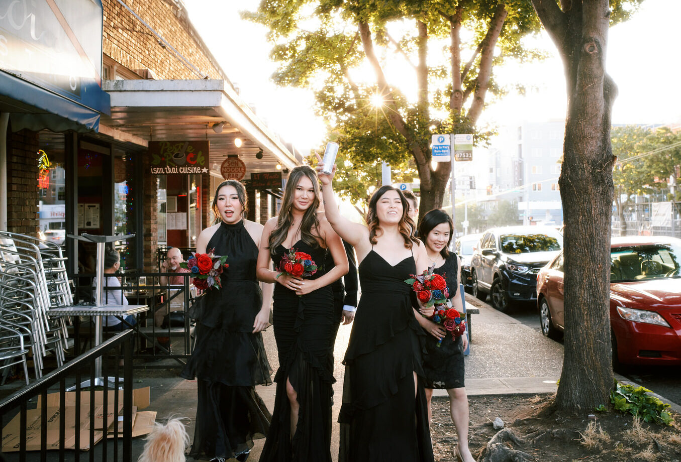 Bridesmaids walk down the sidewalk before a Seattle Wedding at Cathedral.
