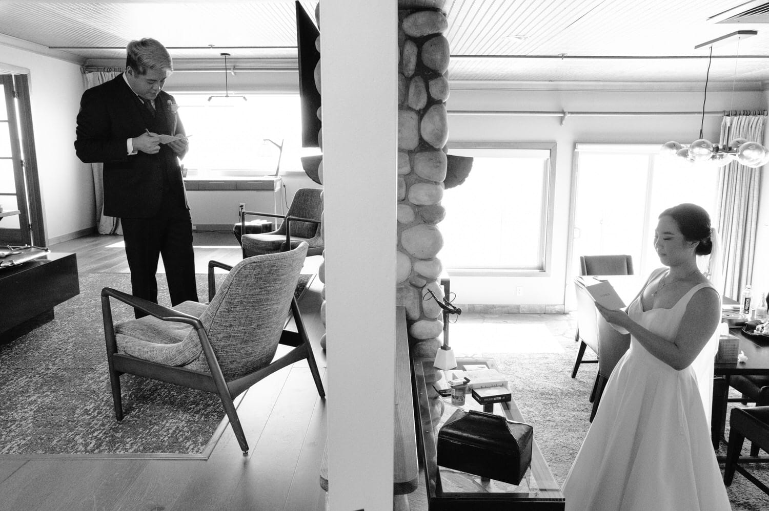 The Edgewater Hotel Wedding | Candid Seattle Wedding Photography for Amy & Mike 11 Amy and Mike writing their vows before their first look at the Edgewater Hotel in Seattle.